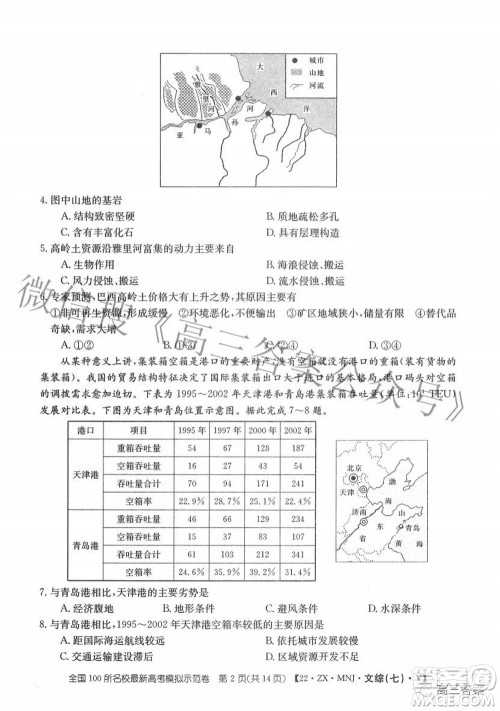 2022全国100所名校最新高考模拟示范卷七文科综合试题及答案