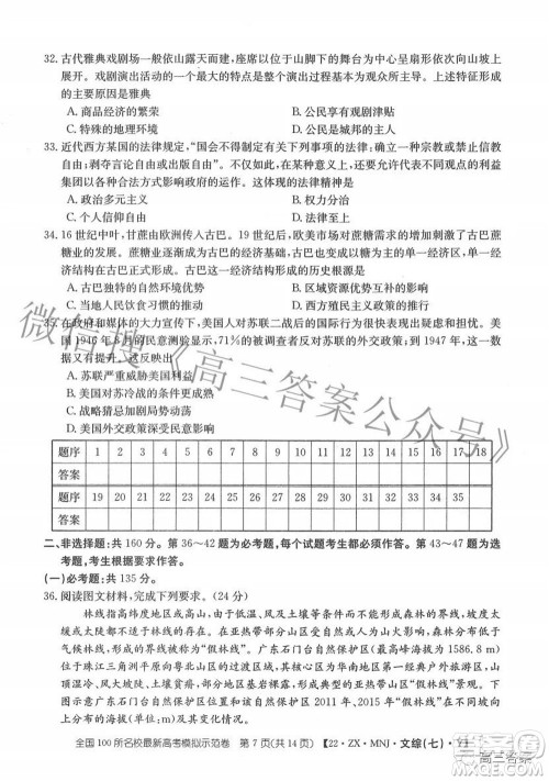 2022全国100所名校最新高考模拟示范卷七文科综合试题及答案