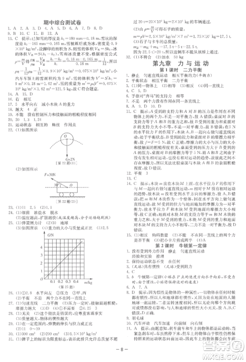 江苏人民出版社2022年1课3练单元达标测试八年级下册物理苏科版参考答案 江苏人民出版社2022年1课3练单元达标测试八年级下册物理苏科版参考答案