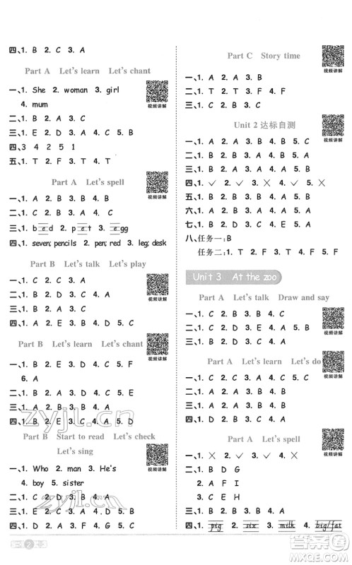 浙江教育出版社2022阳光同学课时达标训练三年级英语下册PEP版浙江专版答案