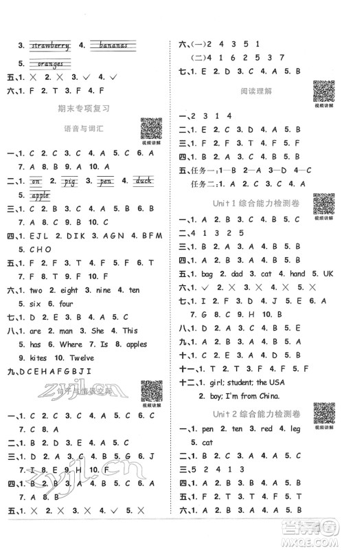 浙江教育出版社2022阳光同学课时达标训练三年级英语下册PEP版浙江专版答案