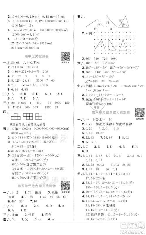 浙江教育出版社2022阳光同学课时达标训练四年级数学下册R人教版浙江专版答案 浙江教育出版社2022阳光同学课时达标训练四年级数学下册R人教版浙江专版答案