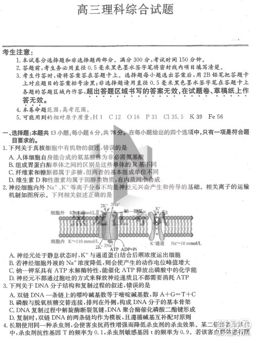 2022齐齐哈尔市高三二模理科综合试题及答案