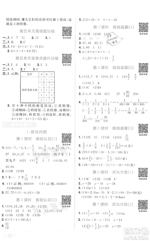 浙江教育出版社2022阳光同学课时达标训练六年级数学下册R人教版浙江专版答案