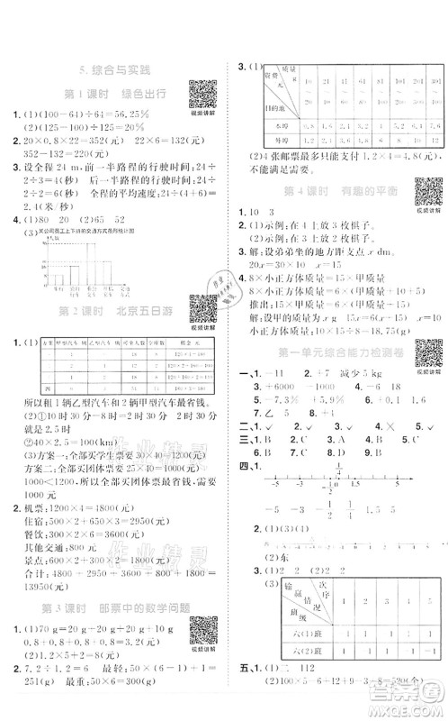 浙江教育出版社2022阳光同学课时达标训练六年级数学下册R人教版浙江专版答案