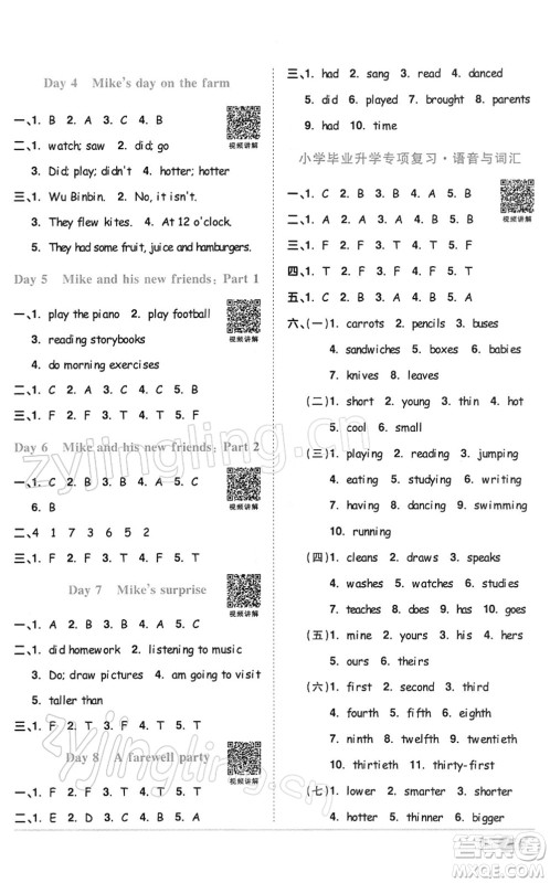 浙江教育出版社2022阳光同学课时达标训练六年级英语下册PEP版浙江专版答案 浙江教育出版社2022阳光同学课时达标训练六年级英语下册PEP版浙江专版答案