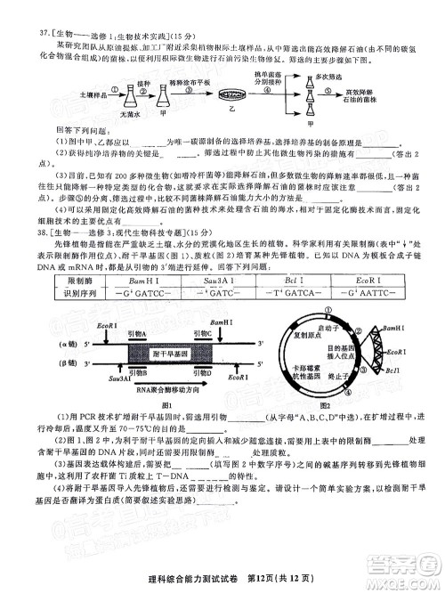 2022年安庆市示范高中高三4月联考理科综合试题及答案