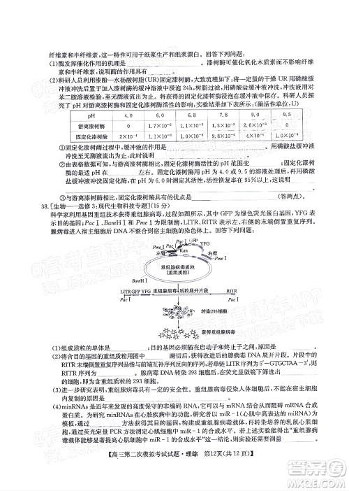 晋城市2022年高三第二次模拟考试理科综合试题及答案