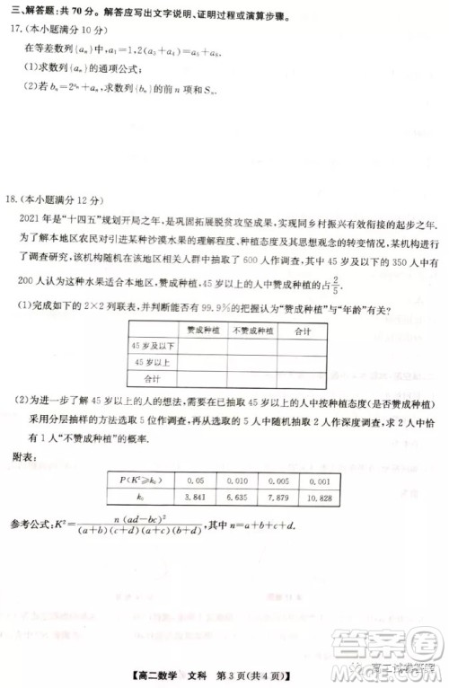 2022九师联盟高二4月联考文科数学试题及答案