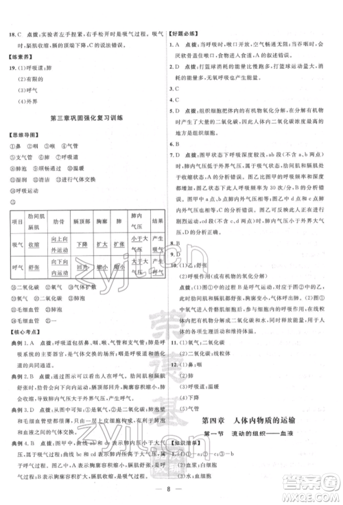 吉林教育出版社2022点拨训练课时作业本七年级下册生物人教版参考答案