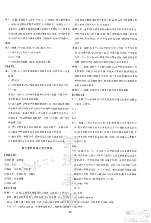 吉林教育出版社2022点拨训练课时作业本七年级下册生物人教版参考答案