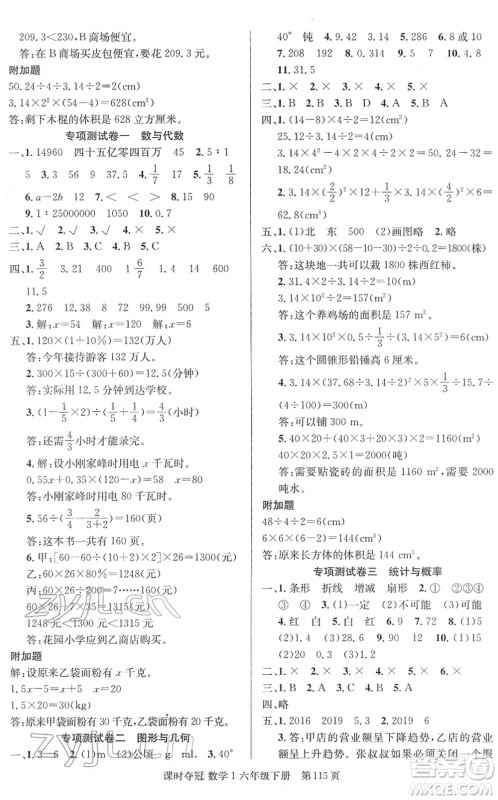 新疆人民出版总社2022课时夺冠六年级数学下册R人教版答案