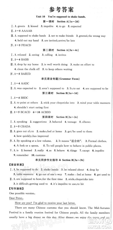 安徽师范大学出版社2022课时夺冠九年级英语下册RJ人教版黄石专版答案