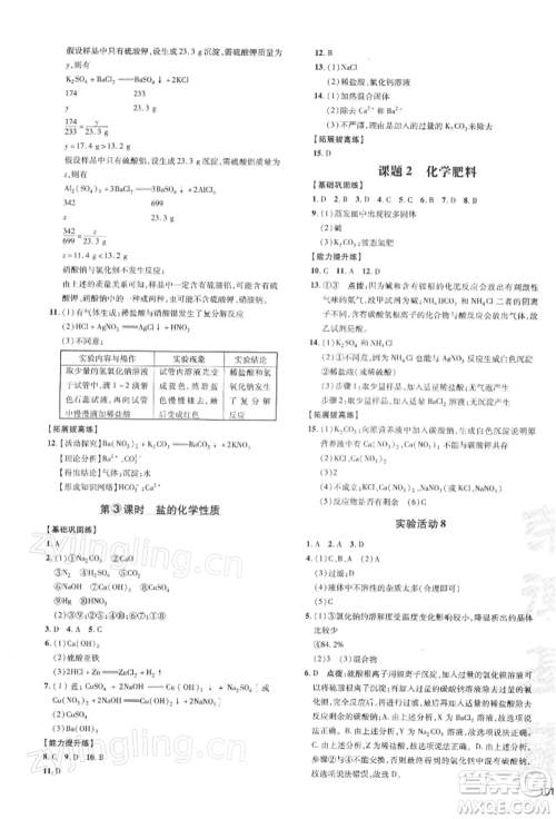 安徽教育出版社2022点拨训练课时作业本九年级下册化学人教版安徽专版参考答案