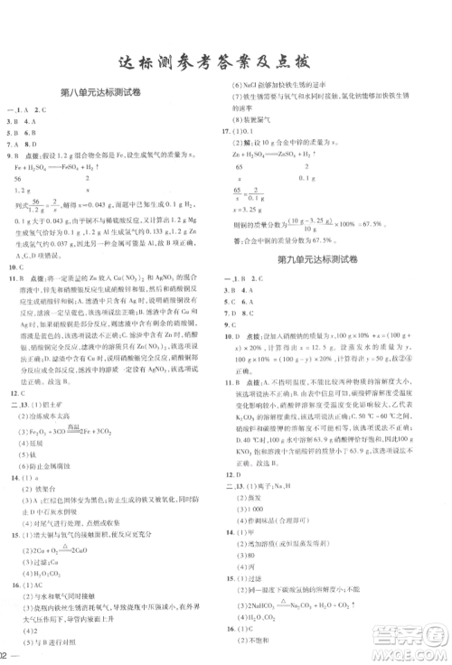 安徽教育出版社2022点拨训练课时作业本九年级下册化学人教版安徽专版参考答案