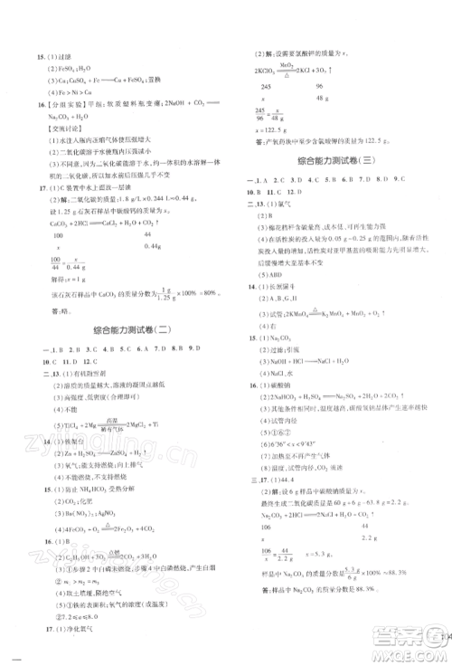 安徽教育出版社2022点拨训练课时作业本九年级下册化学人教版安徽专版参考答案