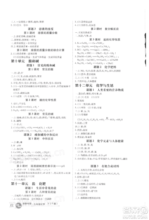 安徽教育出版社2022点拨训练课时作业本九年级下册化学人教版安徽专版参考答案