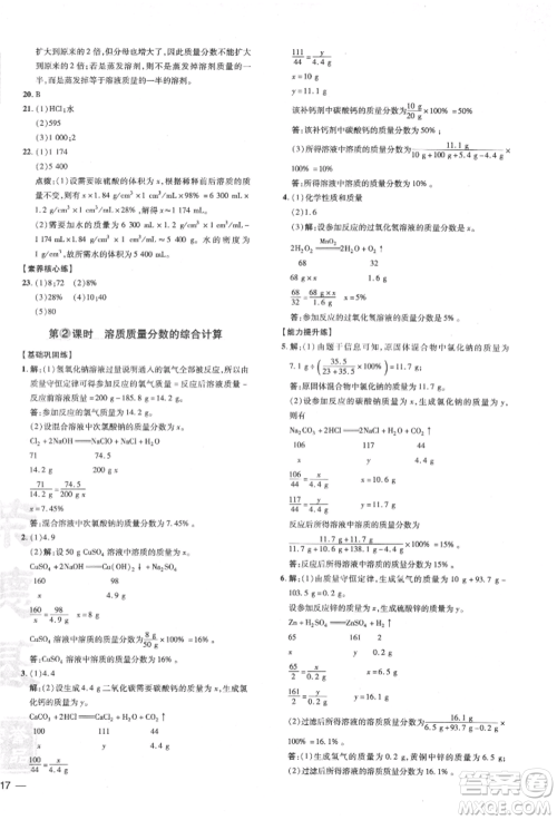 吉林教育出版社2022点拨训练课时作业本九年级下册化学沪教版参考答案