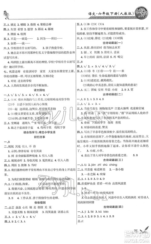 湖南教育出版社2022综合自测随堂练六年级语文下册人教版答案