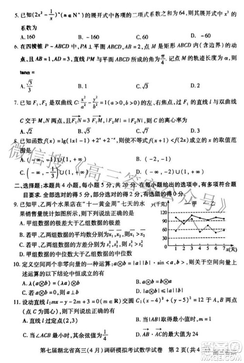 2022年第七届湖北省高三4月调研模拟考试数学试题及答案