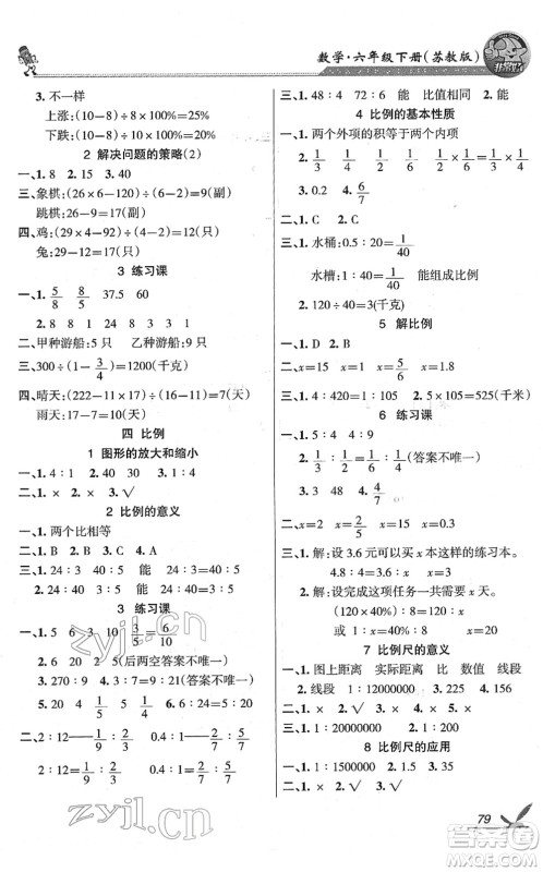 湖南教育出版社2022综合自测随堂练六年级数学下册苏教版答案