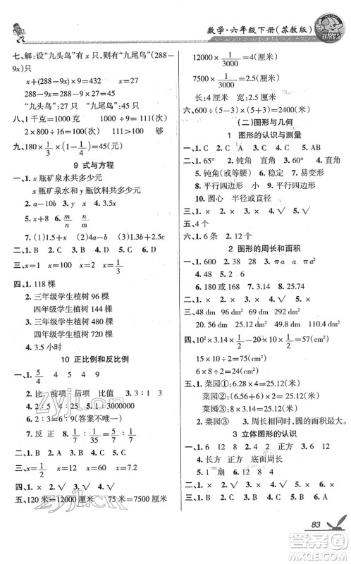 湖南教育出版社2022综合自测随堂练六年级数学下册苏教版答案