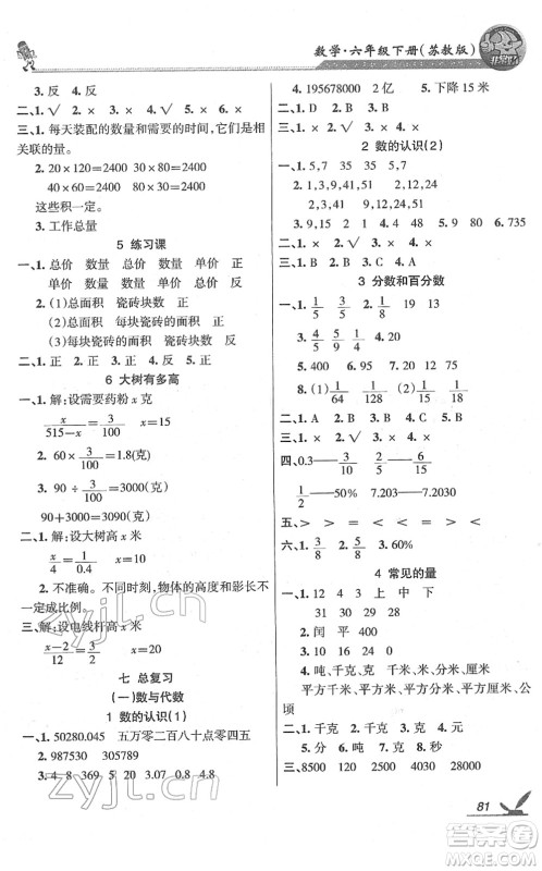 湖南教育出版社2022综合自测随堂练六年级数学下册苏教版答案