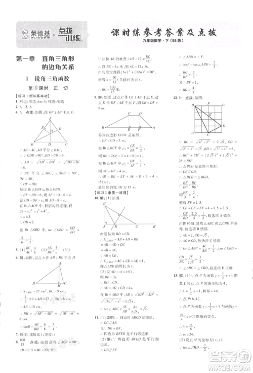 安徽教育出版社2022点拨训练课时作业本九年级下册数学北师大版参考答案