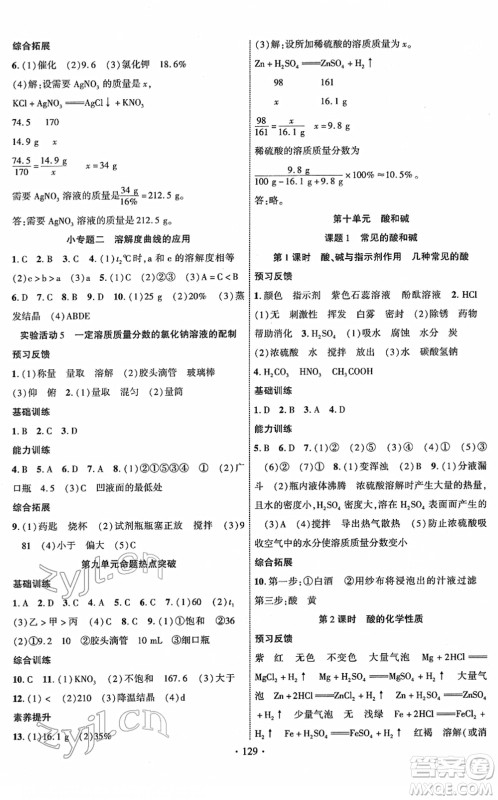 新疆文化出版社2022课时掌控九年级化学下册RJ人教版答案