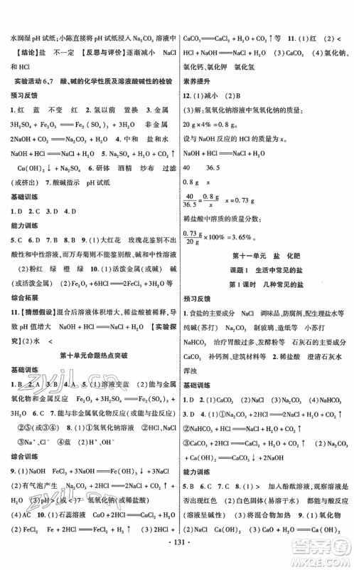 新疆文化出版社2022课时掌控九年级化学下册RJ人教版答案