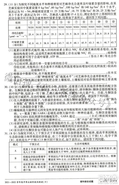 天一大联考2021-2022学年高中毕业班阶段测试六理科综合试题及答案