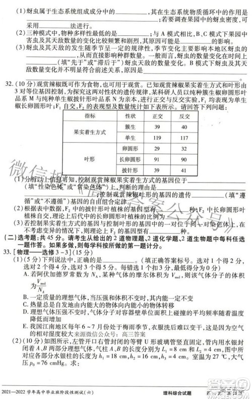 天一大联考2021-2022学年高中毕业班阶段测试六理科综合试题及答案