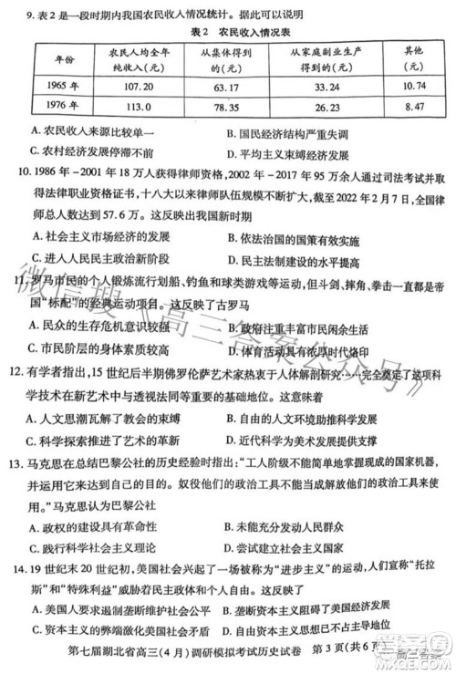 2022年第七届湖北省高三4月调研模拟考试历史试题及答案 2022年第七届湖北省高三4月调研模拟考试历史试题及答案