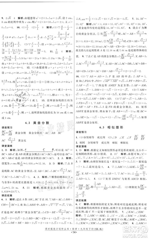 江苏人民出版社2022课时提优计划作业本九年级数学下册SK苏科版答案