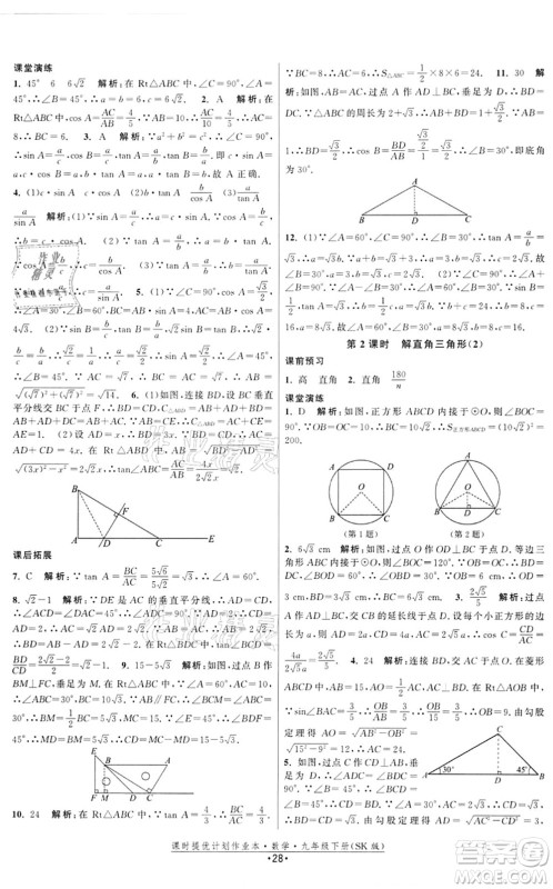 江苏人民出版社2022课时提优计划作业本九年级数学下册SK苏科版答案