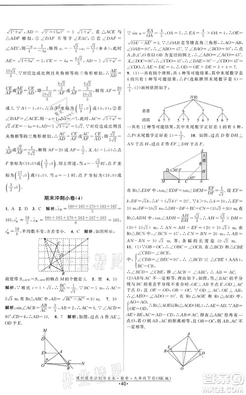江苏人民出版社2022课时提优计划作业本九年级数学下册SK苏科版答案