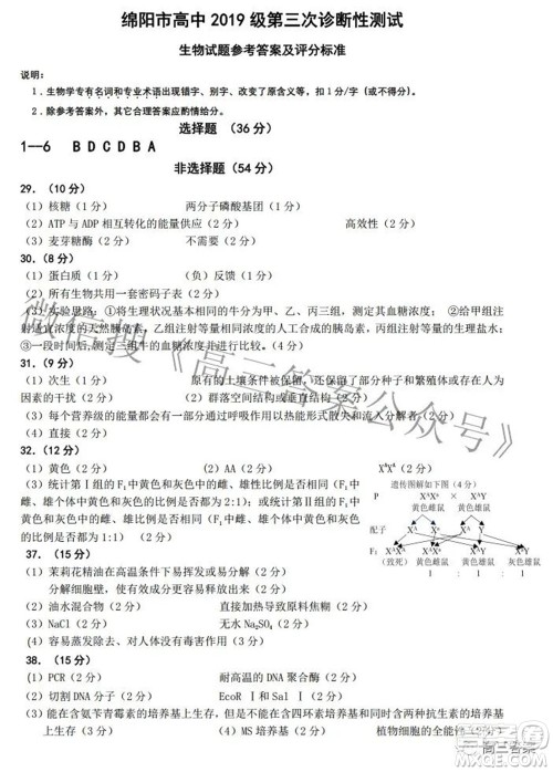 绵阳市高中2019级第三次诊断性考试理科综合试题及答案