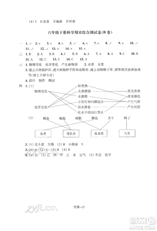 浙江少年儿童出版社2022每课一练六年级下册科学教科版参考答案