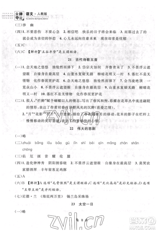 延边大学出版社2022点石成金金牌夺冠七年级下册语文人教版参考答案