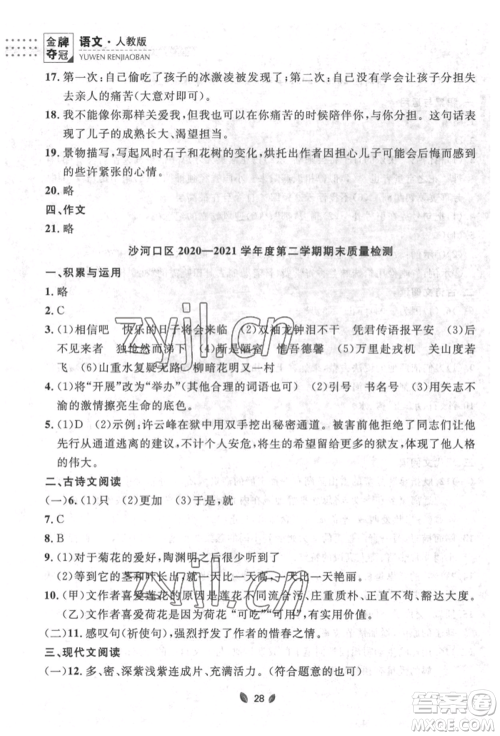 延边大学出版社2022点石成金金牌夺冠七年级下册语文人教版参考答案