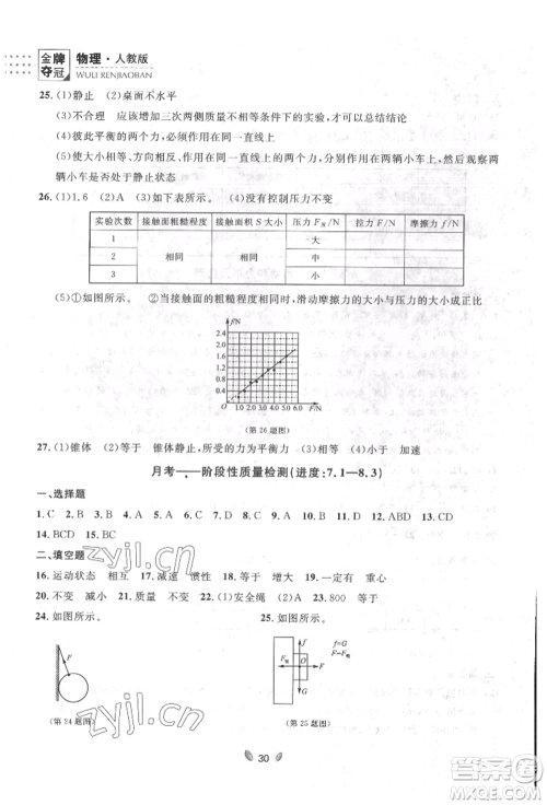 延边大学出版社2022点石成金金牌夺冠八年级下册物理人教版大连专版参考答案