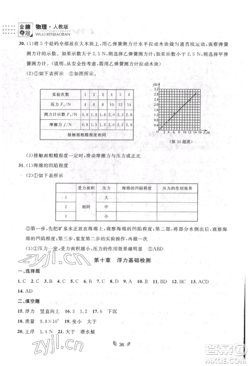 延边大学出版社2022点石成金金牌夺冠八年级下册物理人教版大连专版参考答案