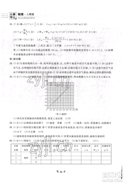 延边大学出版社2022点石成金金牌夺冠八年级下册物理人教版大连专版参考答案