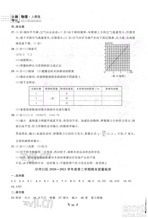 延边大学出版社2022点石成金金牌夺冠八年级下册物理人教版大连专版参考答案