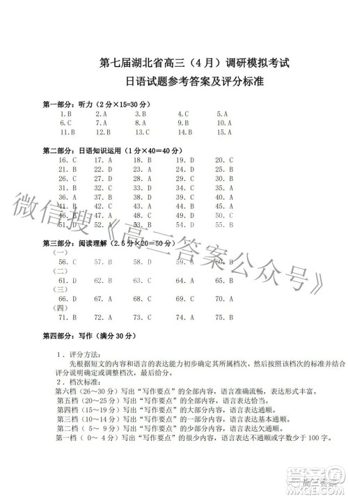 2022年第七届湖北省高三4月调研模拟考试日语试题及答案