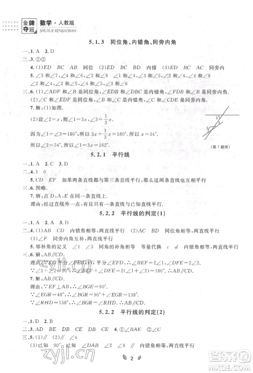 延边大学出版社2022点石成金金牌夺冠七年级下册数学人教版参考答案