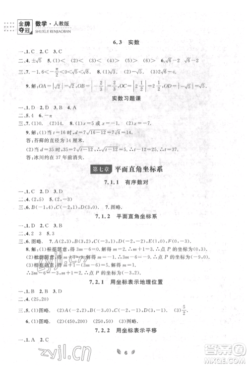 延边大学出版社2022点石成金金牌夺冠七年级下册数学人教版参考答案