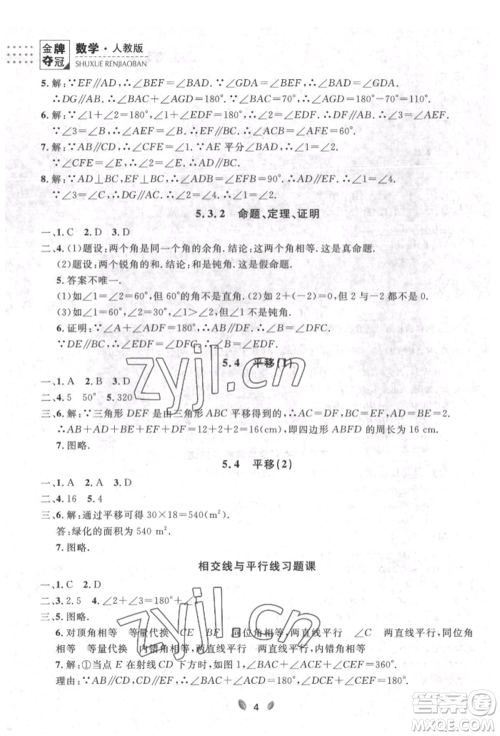 延边大学出版社2022点石成金金牌夺冠七年级下册数学人教版参考答案