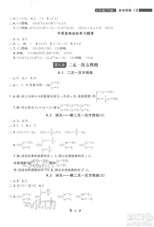 延边大学出版社2022点石成金金牌夺冠七年级下册数学人教版参考答案