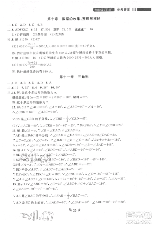 延边大学出版社2022点石成金金牌夺冠七年级下册数学人教版参考答案